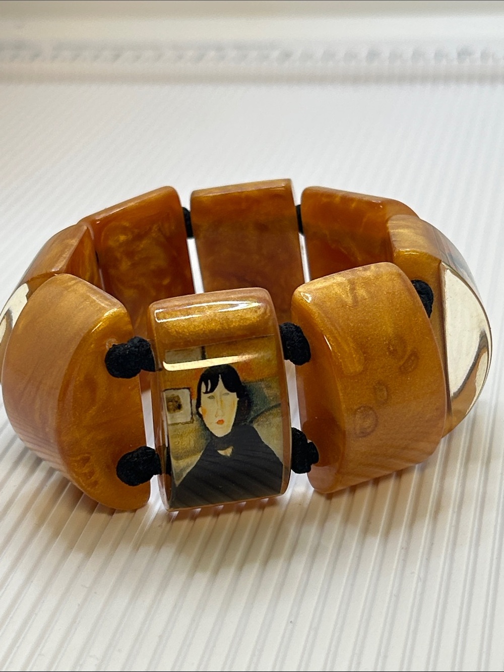 Goth Wafer Resin Stretch Amber-Tone Art Panel Stretch Bracelet -  Women Jewelry